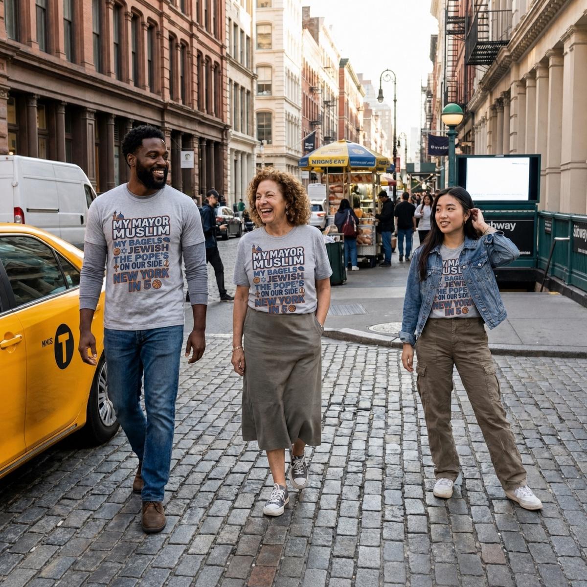 Three friends wearing the tee in SoHo