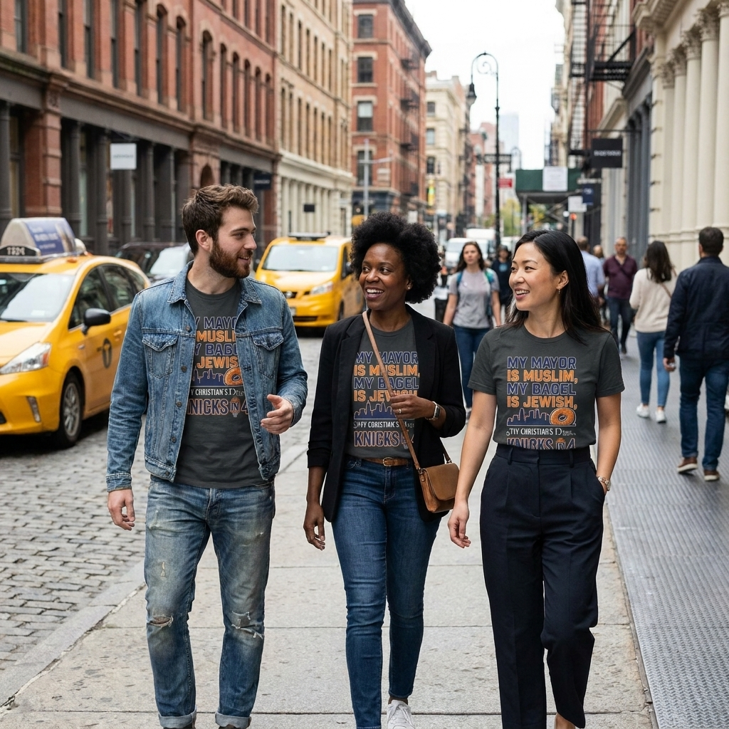 Three friends wearing the tee in SoHo
