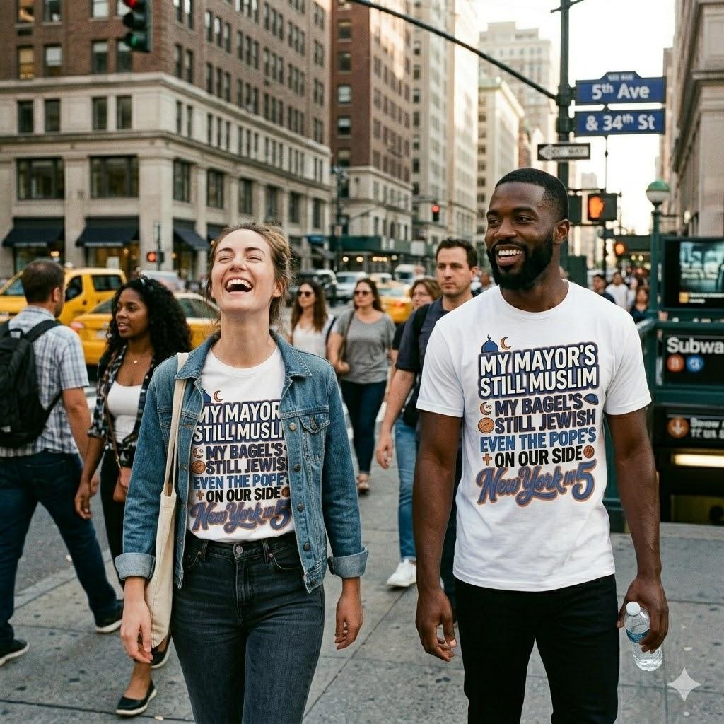 A couple wearing the City of Us tee on a New York City street